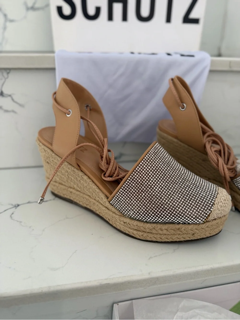 SCHUTZ Tan Espadrille Lace-Up Flats with Silver Rhinestone Toe
